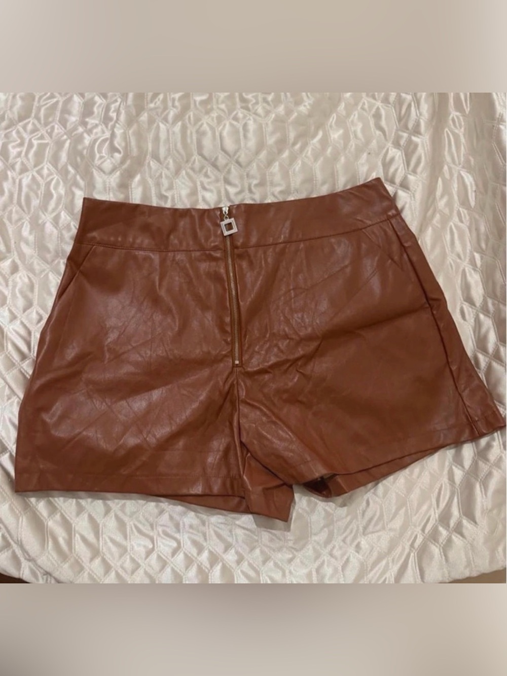 SHEIN Brown High-Waist Faux Leather Shorts with Front Zip